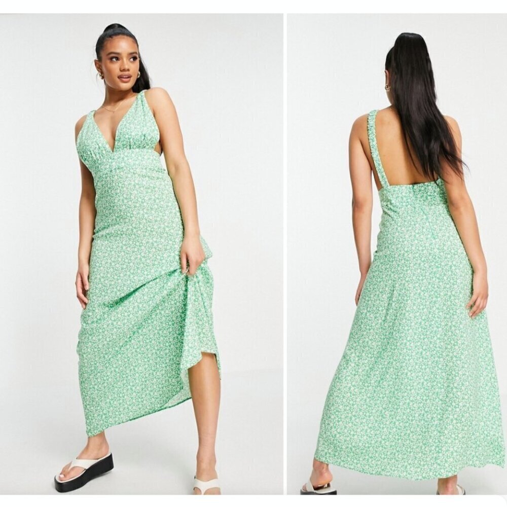ASOS Plunge Maxi Dress in a Green Based Ditsy Floral Print - Size 10